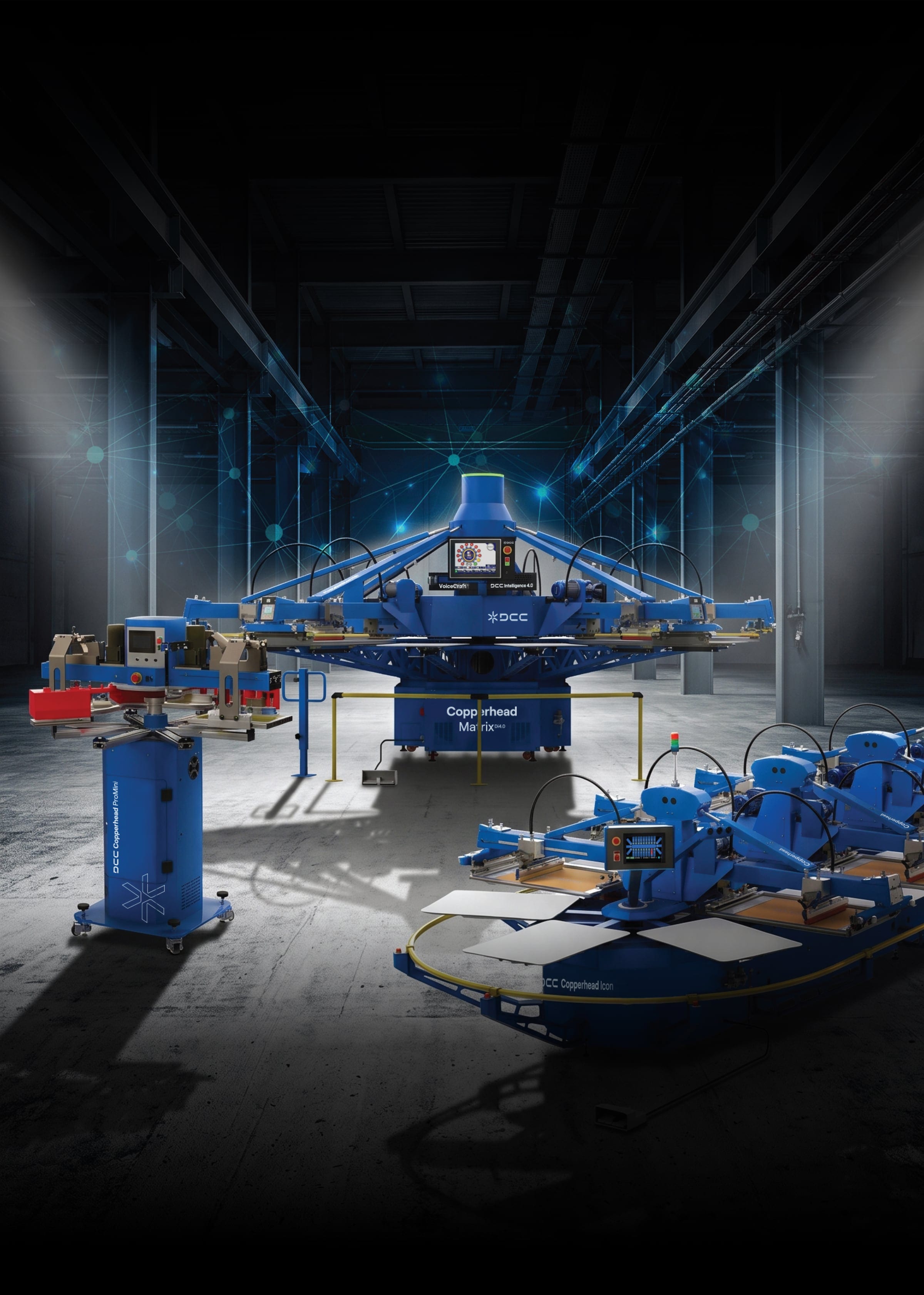DCC Copperhead Matrix, Copperhead Icon and Copperhead ProMini screen printing presses on a connected factory floor